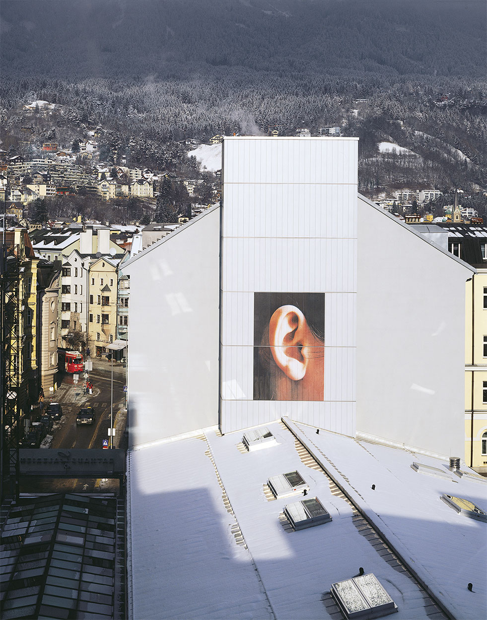 Ohr, 2002, Digital print on high performance foil, 580 x 390 (cm) Outdoor project, Innsbruck